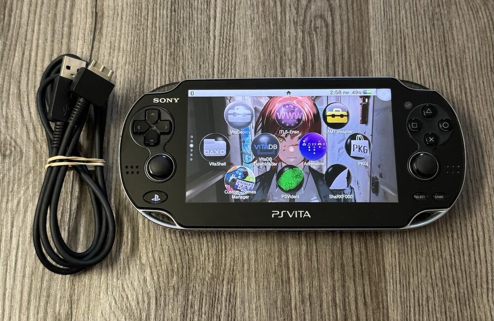 PS Vita OLED Black PCH-1001 w/ 128GB Micro SD Card & USB Cable Modded